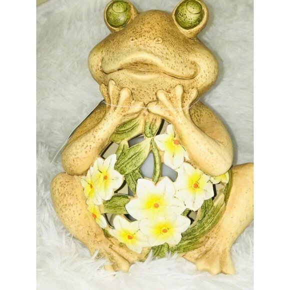 Ceramic Frog Lantern Flameless With Floral Cutout Design - Picture 2 of 8